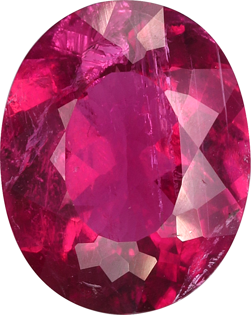 Oval cut rubellite tourmaline, 10.03 by 8.03 mm, shown at actual size