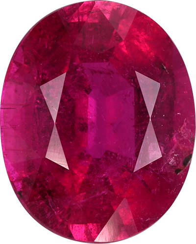 Oval cut rubellite tourmaline, 11.16 by 9.02 mm, shown at actual size