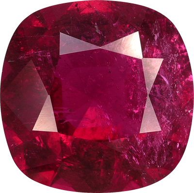 Cushion cut rubellite tourmaline, 11.03 by 11.01 mm, shown at actual size