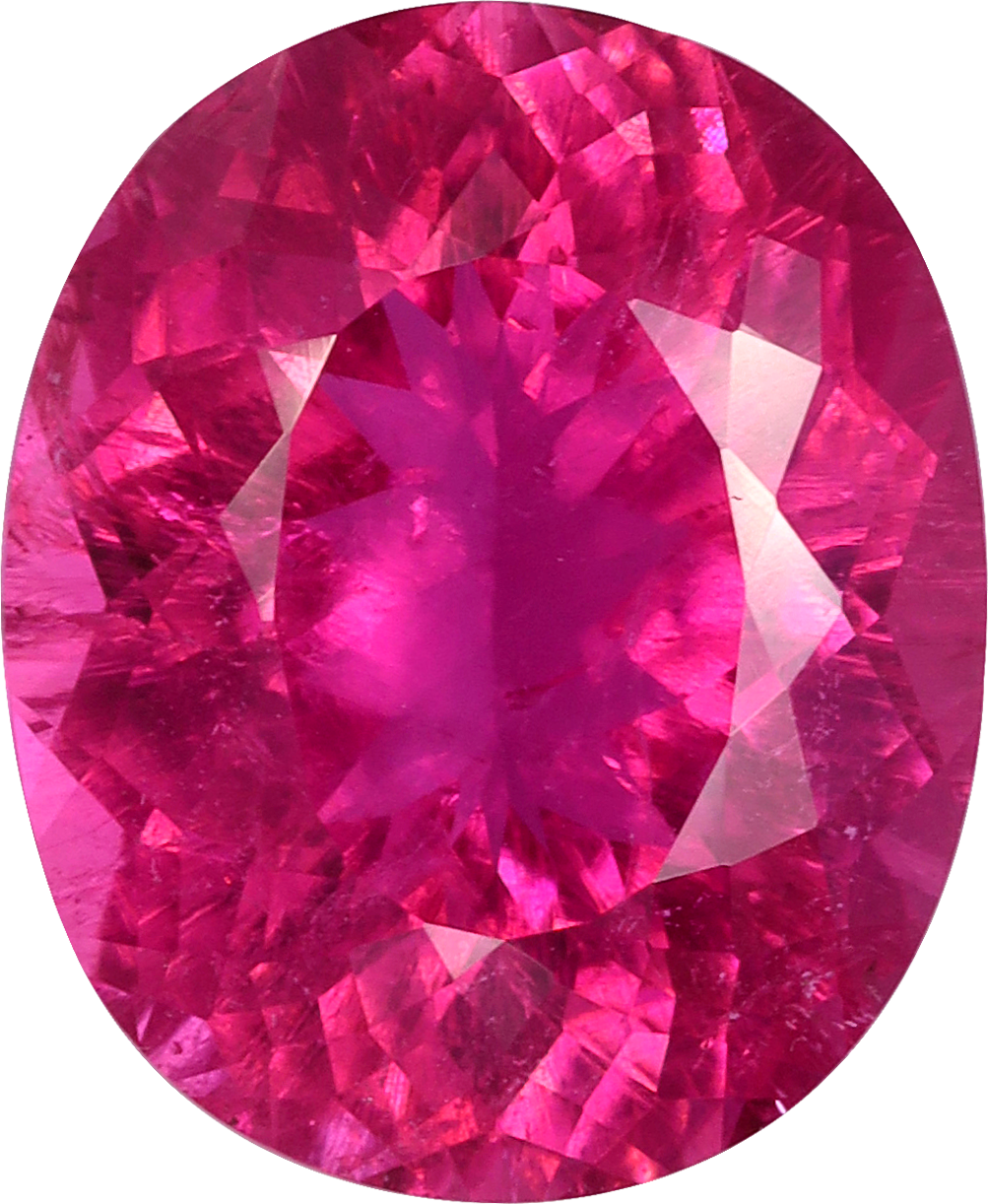 Oval cut rubellite tourmaline, 14.86 by 12.23 mm, shown at actual size