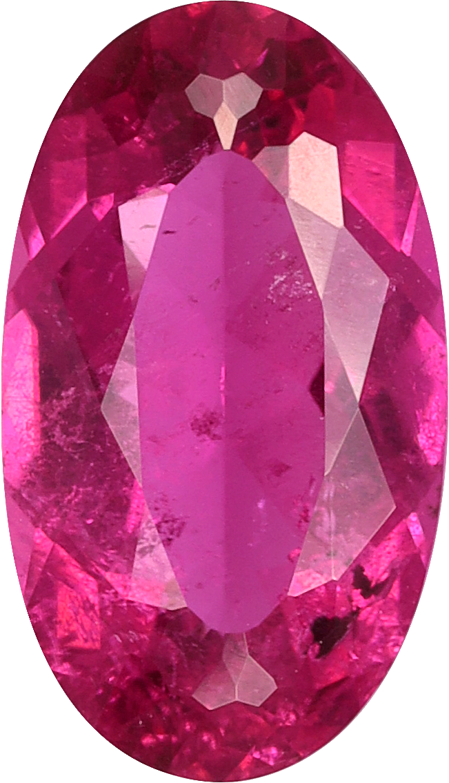 Oval cut rubellite tourmaline, 11.41 by 6.58 mm, shown at actual size