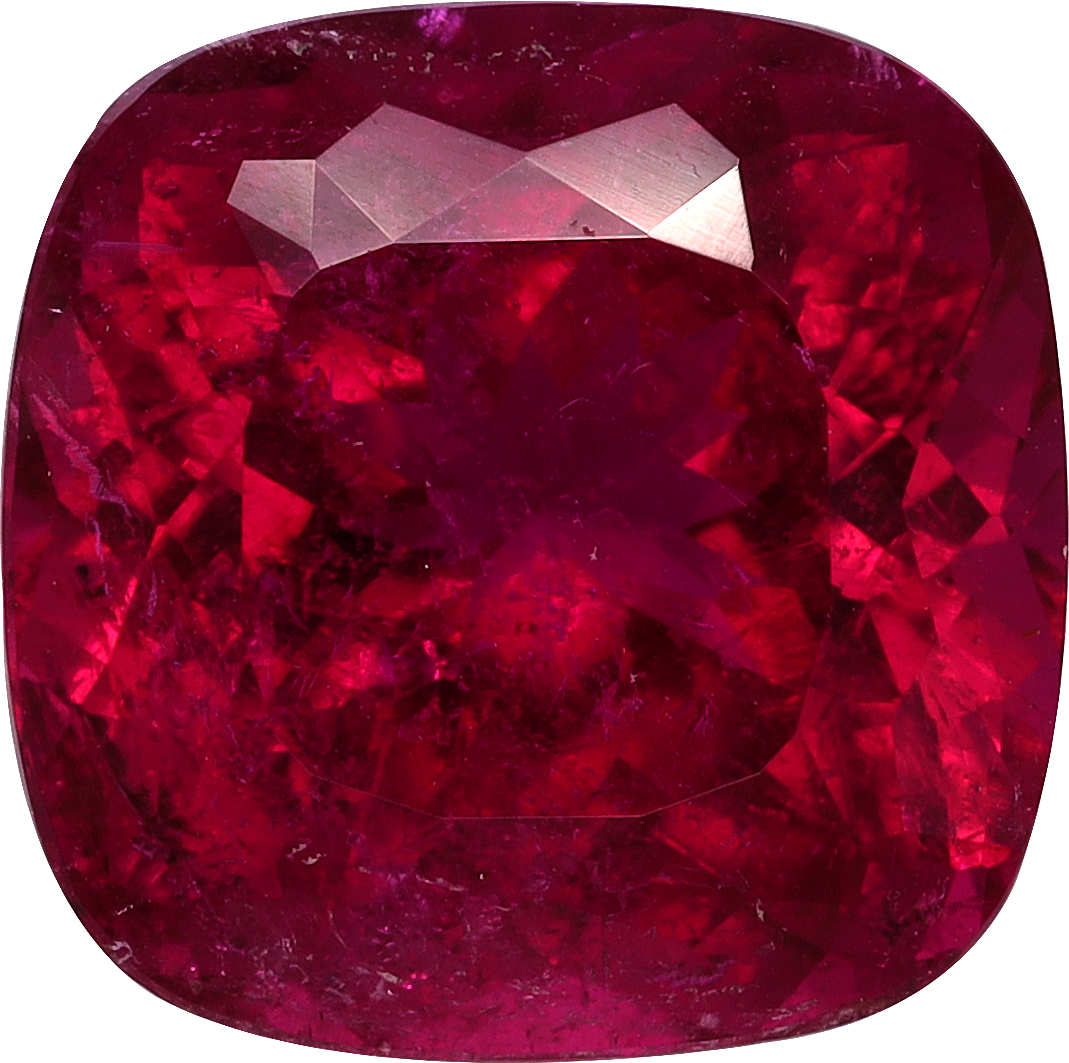 Cushion cut rubellite tourmaline, 9.11 by 9.1 mm, shown at actual size