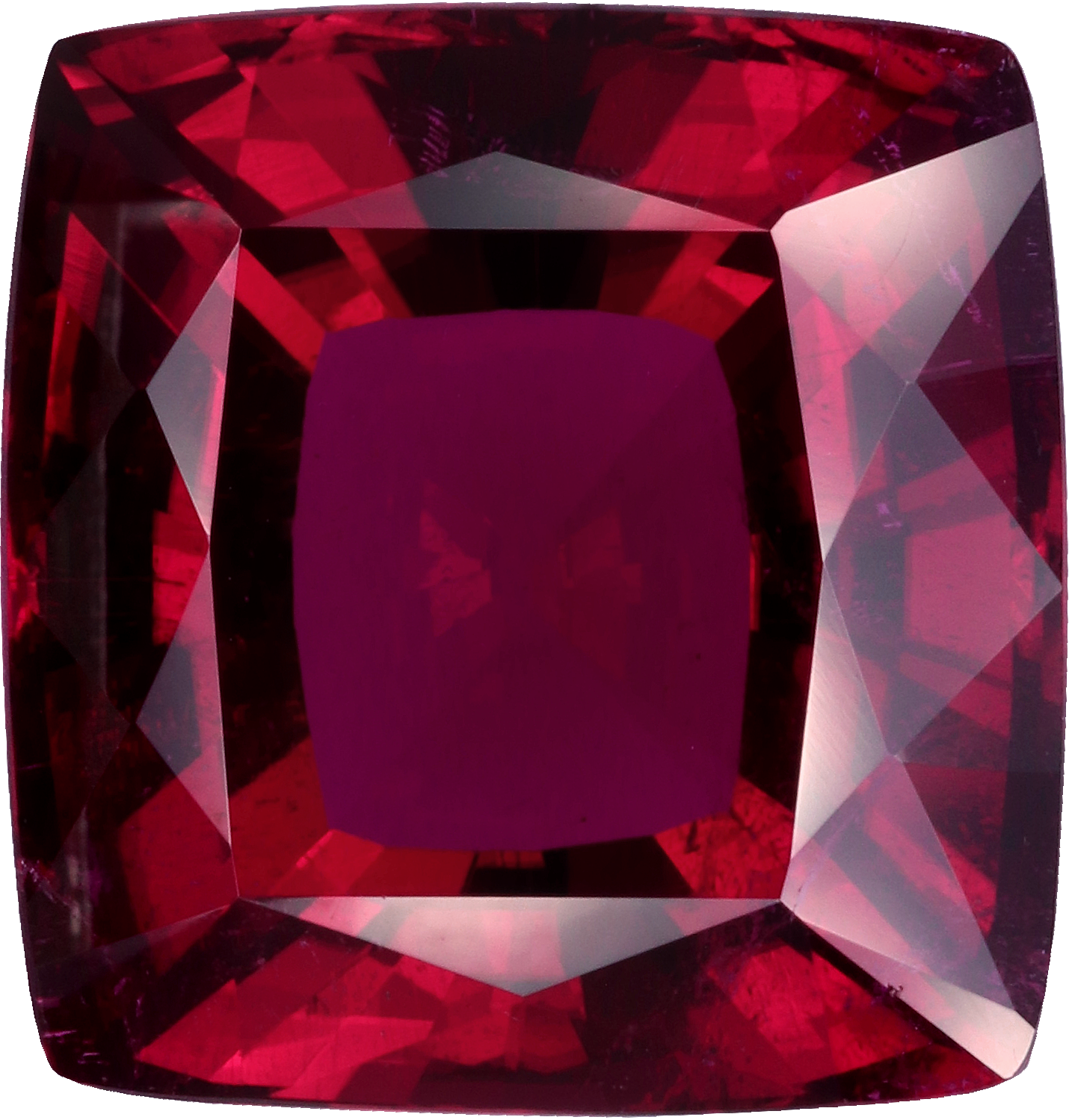 Cushion cut rubellite tourmaline, 16.19 by 15.5 mm, shown at actual size