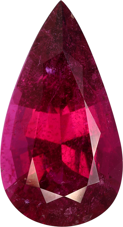 Pear cut rubellite tourmaline, 18.07 by 9.81 mm, shown at actual size