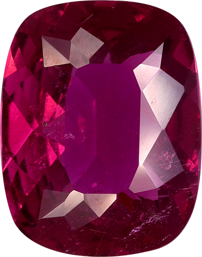 Cushion cut rubellite tourmaline, 12.03 by 9.49 mm, shown at actual size