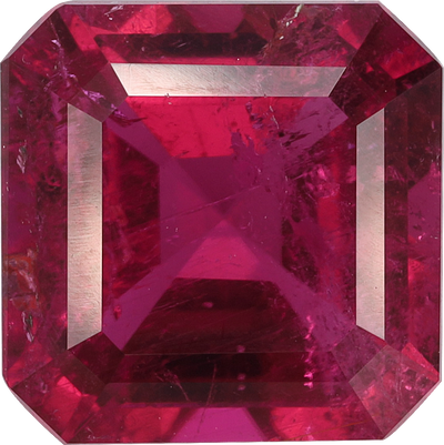 Square cut rubellite tourmaline, 9.01 by 9 mm, shown at actual size