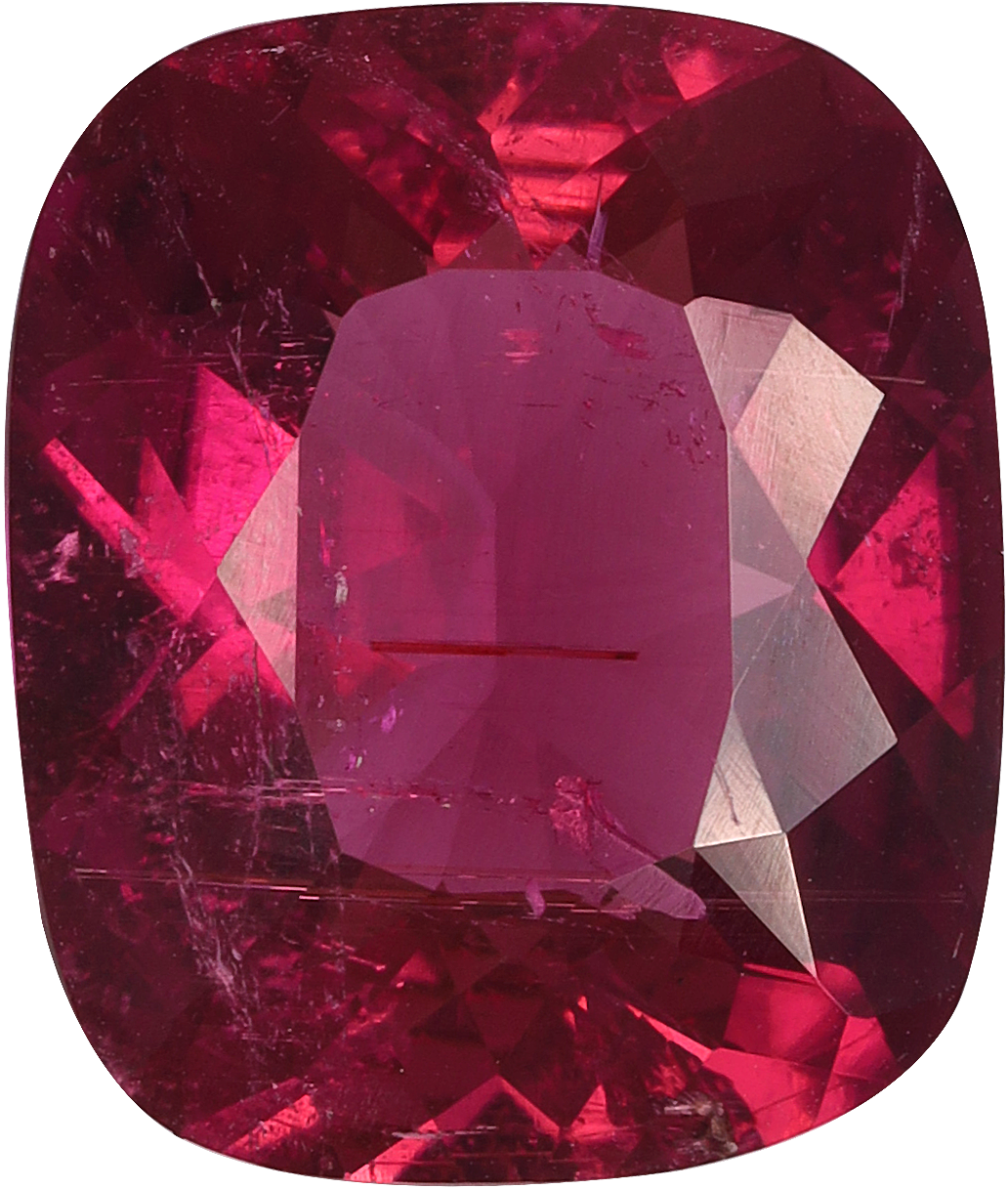 Cushion cut rubellite tourmaline, 11 by 9.29 mm, shown at actual size