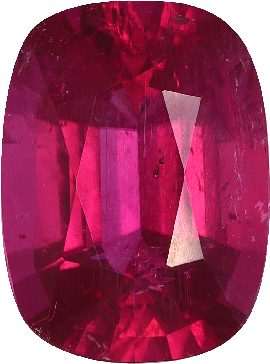 Cushion cut rubellite tourmaline, 10.42 by 7.76 mm, shown at actual size
