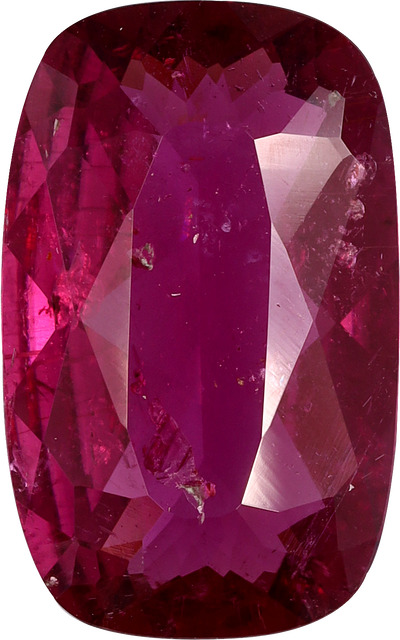Cushion cut rubellite tourmaline, 13.33 by 8.33 mm, shown at actual size