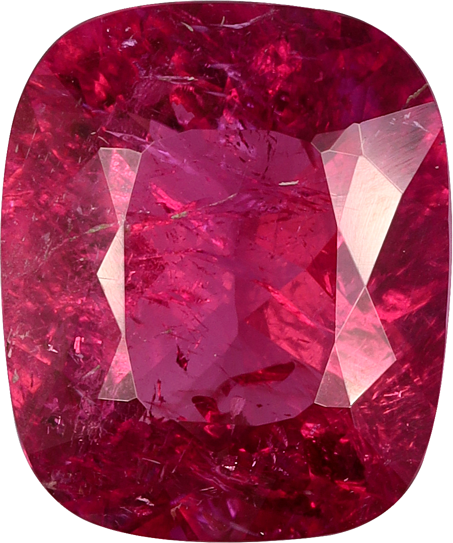 Cushion cut rubellite tourmaline, 9.88 by 8.21 mm, shown at actual size