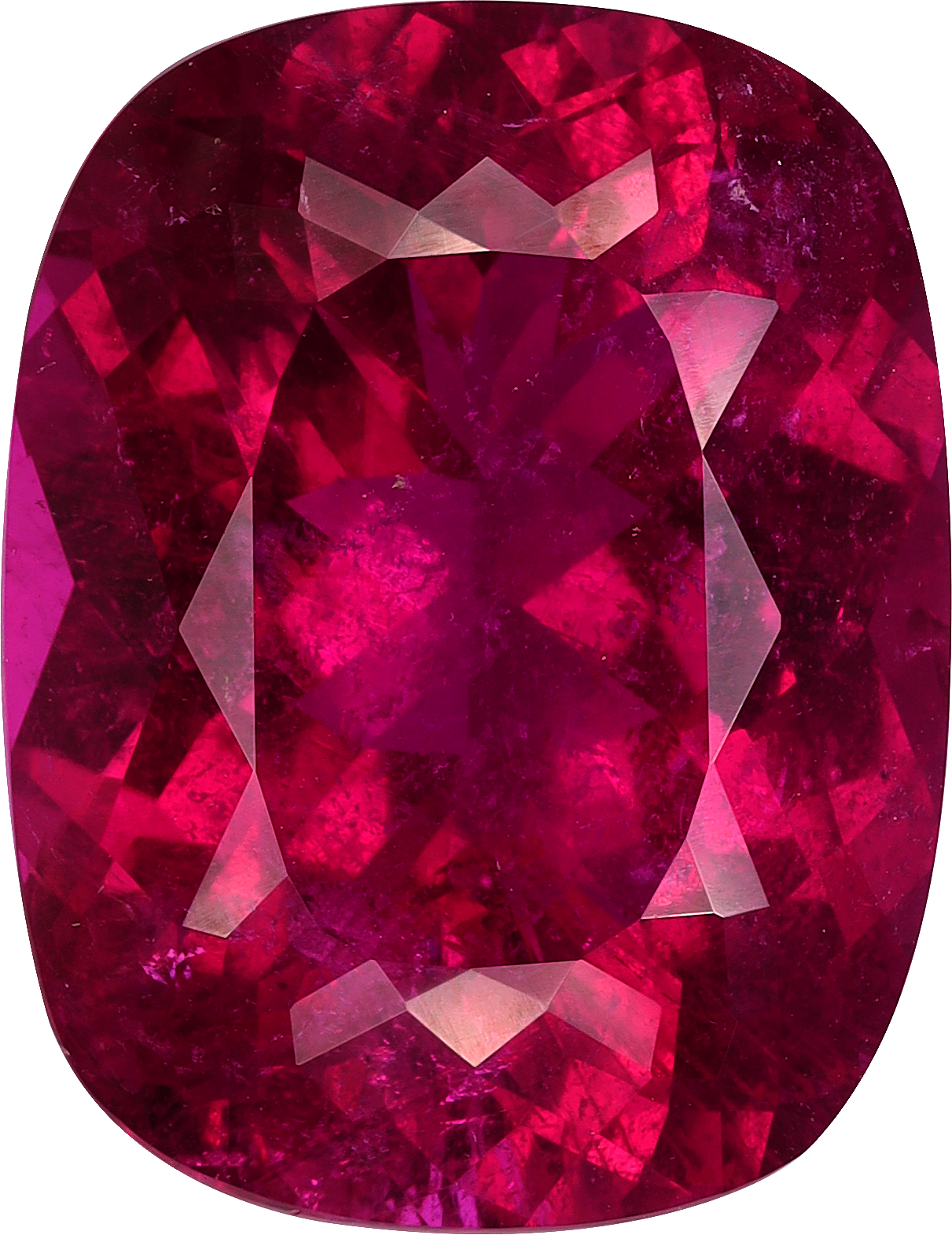 Cushion cut rubellite tourmaline, 11.43 by 13.44 mm, shown at actual size