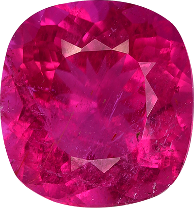 Cushion cut rubellite tourmaline, 8.93 by 8.36 mm, shown at actual size