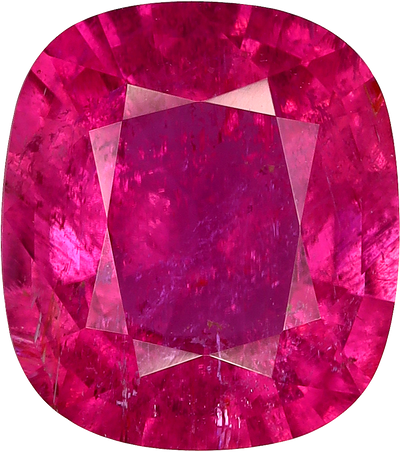 Cushion cut rubellite tourmaline, 9.5 by 8.45 mm, shown at actual size