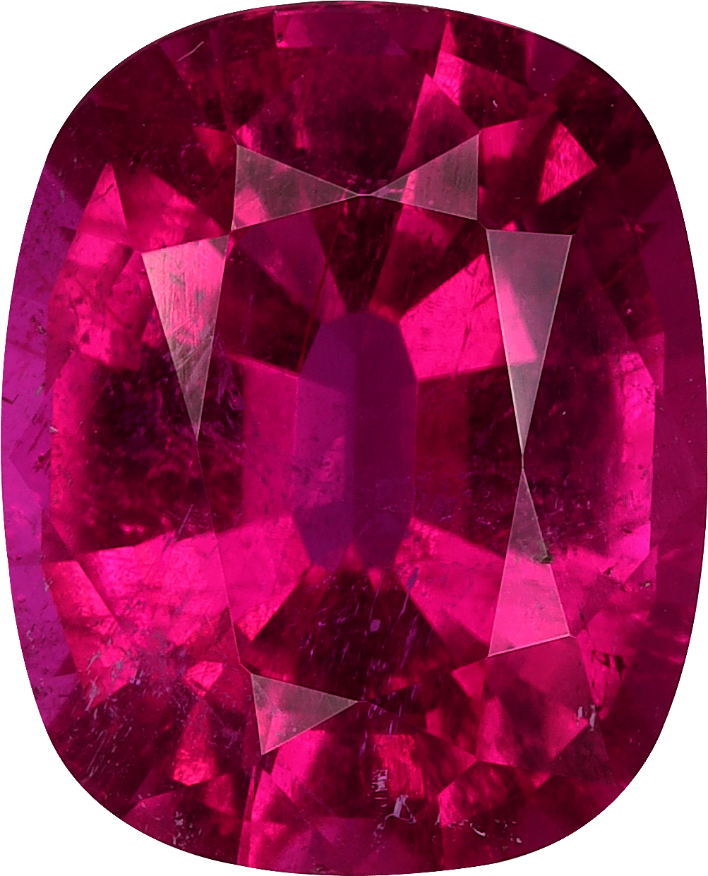 Cushion cut rubellite tourmaline, 10.52 by 8.54 mm, shown at actual size