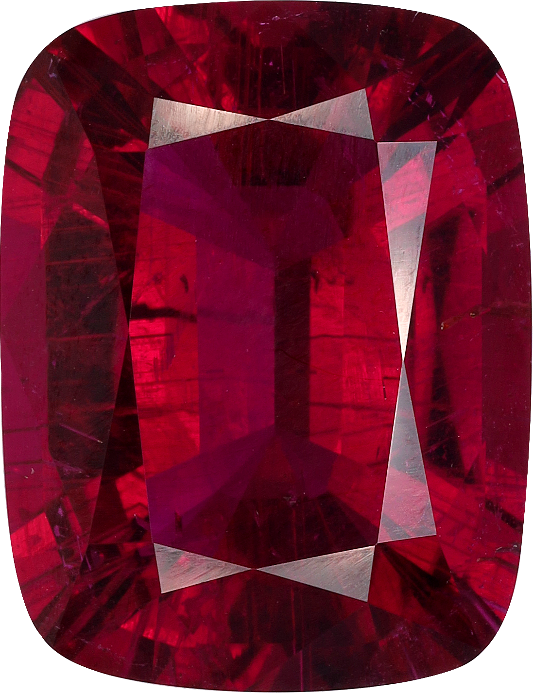 Cushion cut rubellite tourmaline, 16.96 by 13.04 mm, shown at actual size
