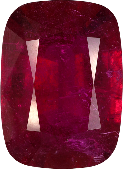 Cushion cut rubellite tourmaline, 18.24 by 13.17 mm, shown at actual size