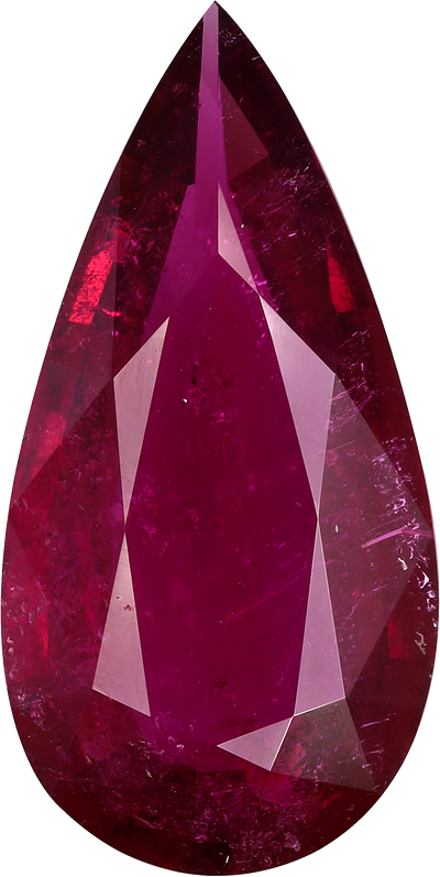 Pear cut rubellite tourmaline, 25.25 by 12.77 mm, shown at actual size