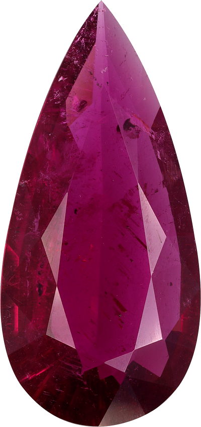 Pear cut rubellite tourmaline, 23.13 by 10.98 mm, shown at actual size