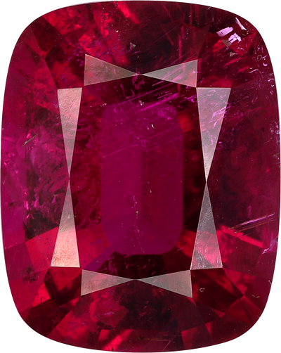 Cushion cut rubellite tourmaline, 13.62 by 10.87 mm, shown at actual size