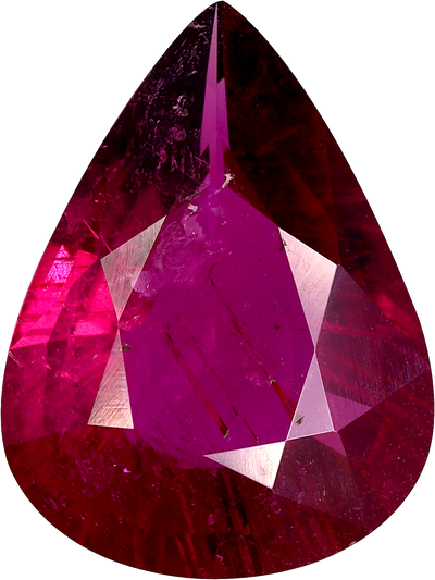 Pear cut rubellite tourmaline, 15.16 by 11.43 mm, shown at actual size