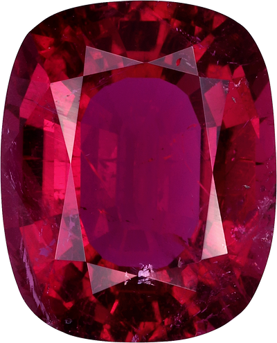 Cushion cut rubellite tourmaline, 11.27 by 9.09 mm, shown at actual size