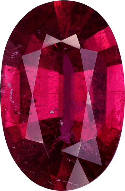 Oval cut rubellite tourmaline, 12.36 by 8.13 mm, shown at actual size