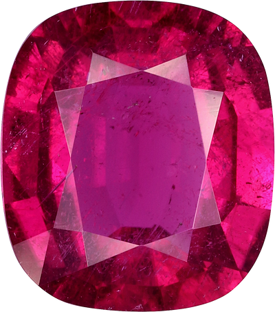 Cushion cut rubellite tourmaline, 10.5 by 9.25 mm, shown at actual size