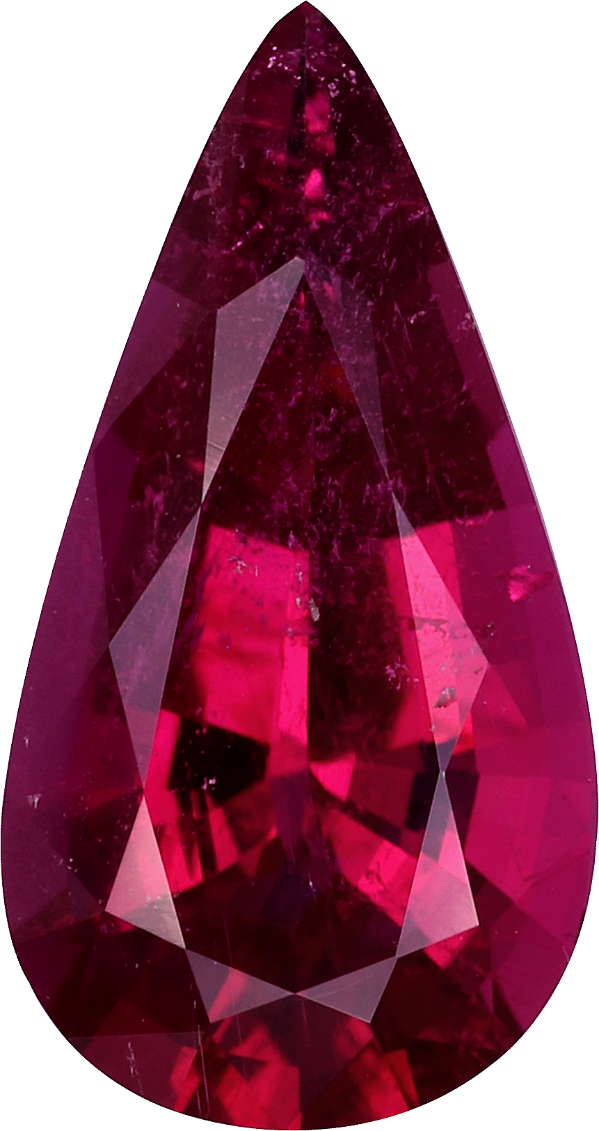Pear cut rubellite tourmaline, 13.96 by 7.39 mm, shown at actual size