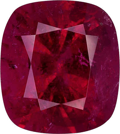 Cushion cut rubellite tourmaline, 9.23 by 8.26 mm, shown at actual size