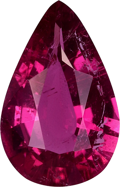 Pear cut rubellite tourmaline, 8.98 by 5.76 mm, shown at actual size