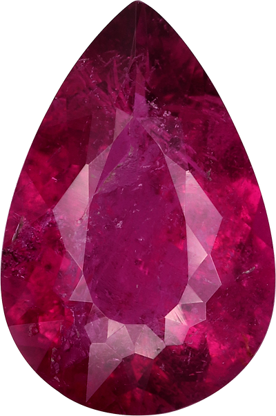 Pear cut rubellite tourmaline, 11.52 by 7.67 mm, shown at actual size