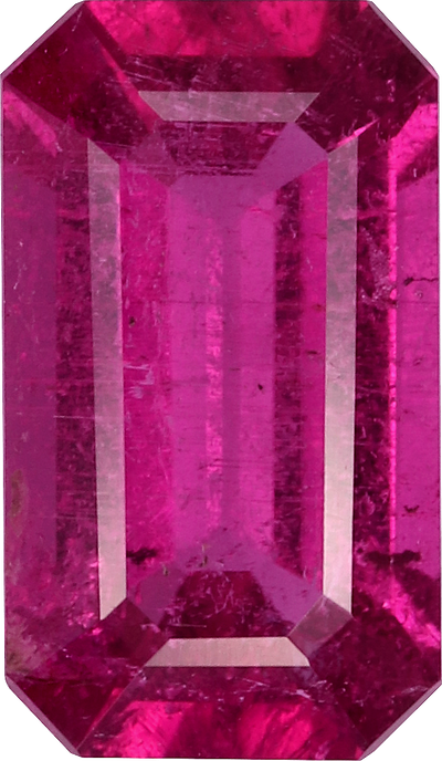 Rectangular cut rubellite tourmaline, 9.23 by 5.33 mm, shown at actual size