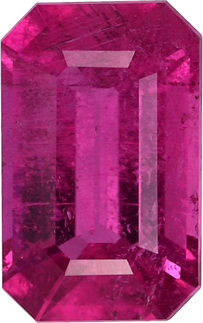 Rectangular cut rubellite tourmaline, 6.8 by 4.32 mm, shown at actual size