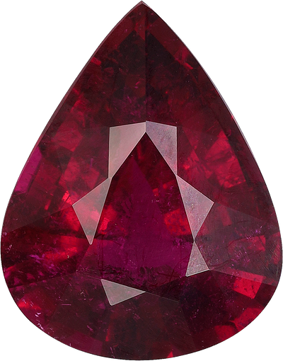 Pear cut rubellite tourmaline, 18.22 by 14.28 mm, shown at actual size