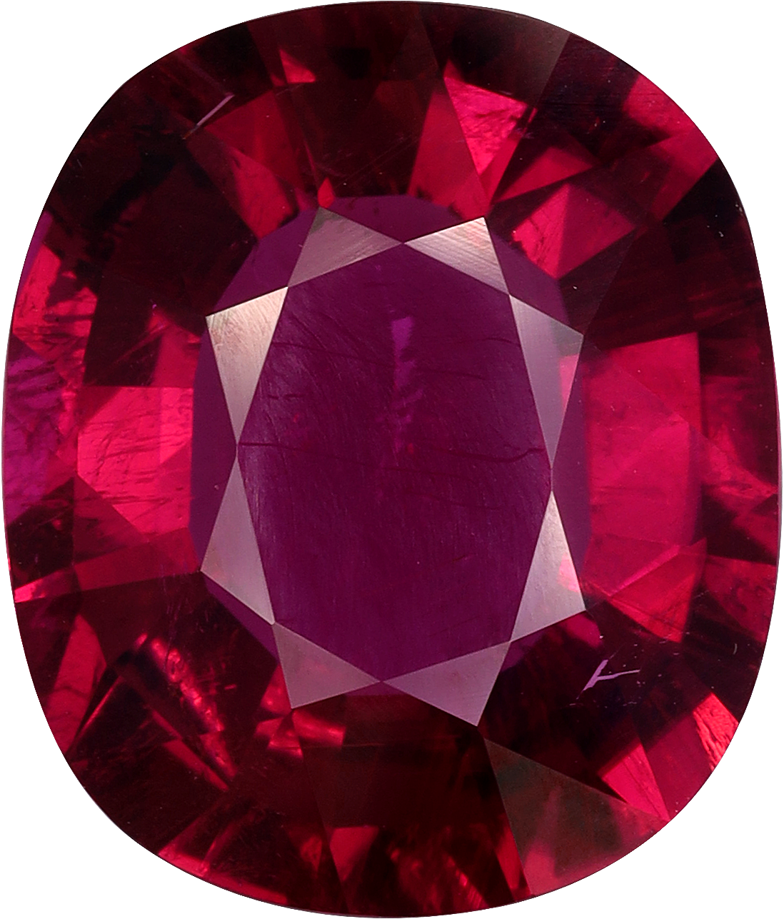 Cushion cut rubellite tourmaline, 15.7 by 13.3 mm, shown at actual size