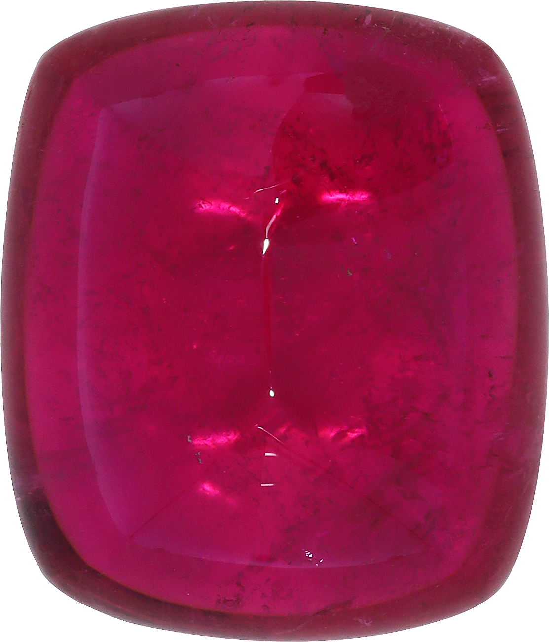 Cushion cut rubellite tourmaline, 20.56 by 17.57 mm, shown at actual size