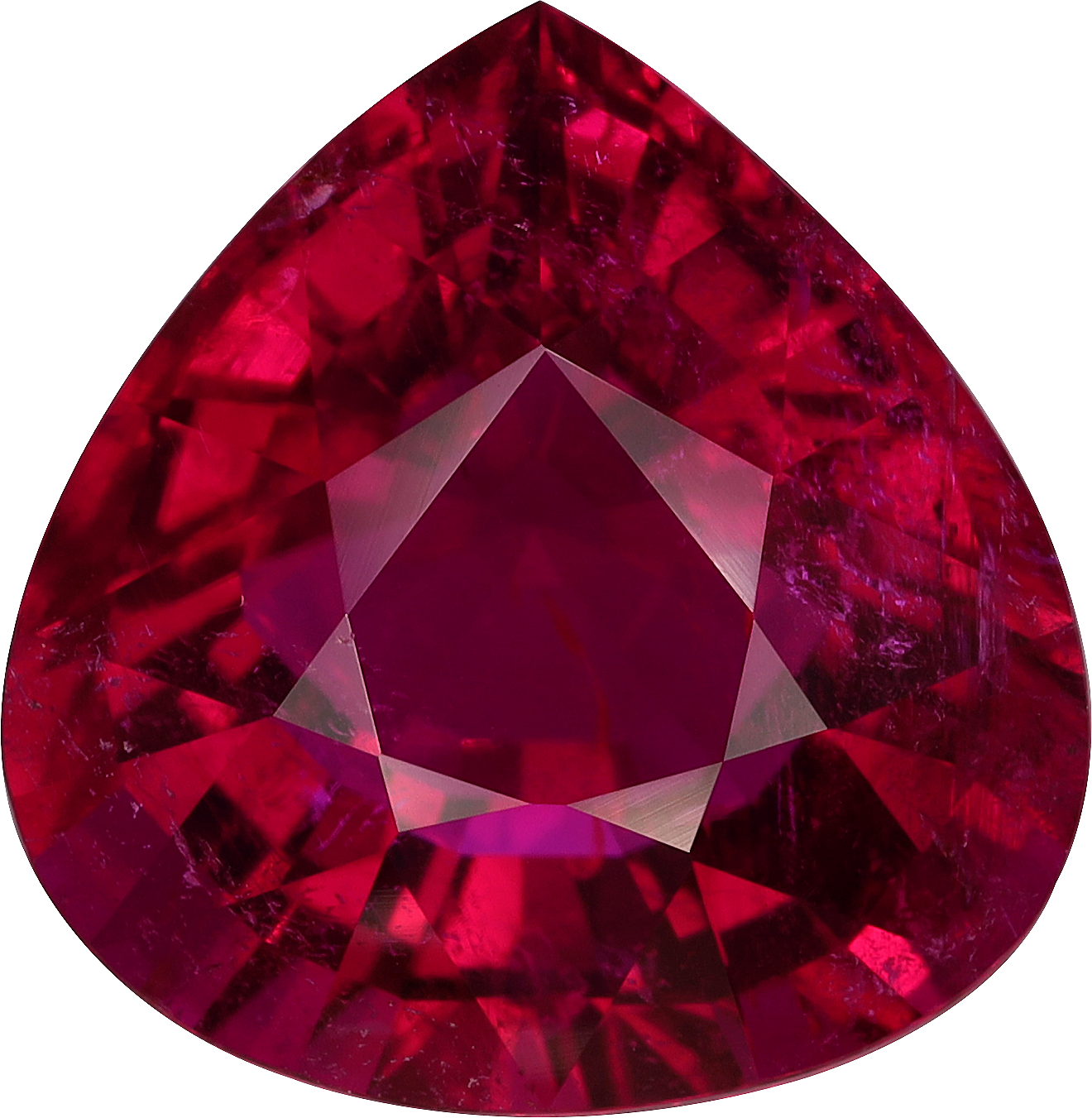 Pear cut rubellite tourmaline, 13.06 by 12.76 mm, shown at actual size