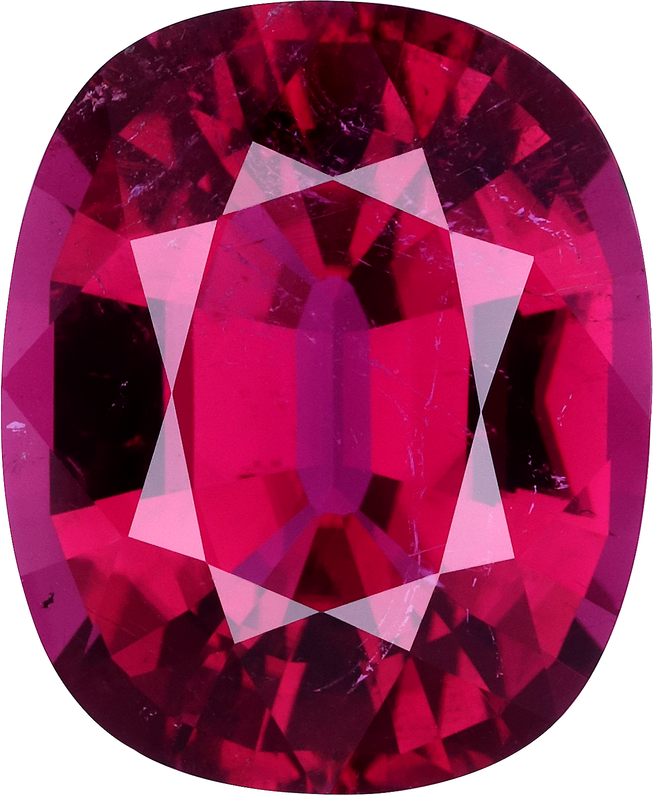 Cushion cut rubellite tourmaline, 15.57 by 12.78 mm, shown at actual size