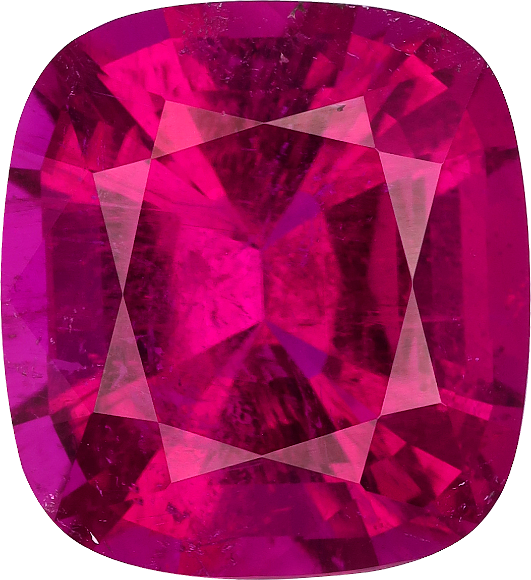 Cushion cut rubellite tourmaline, 15.67 by 14.36 mm, shown at actual size