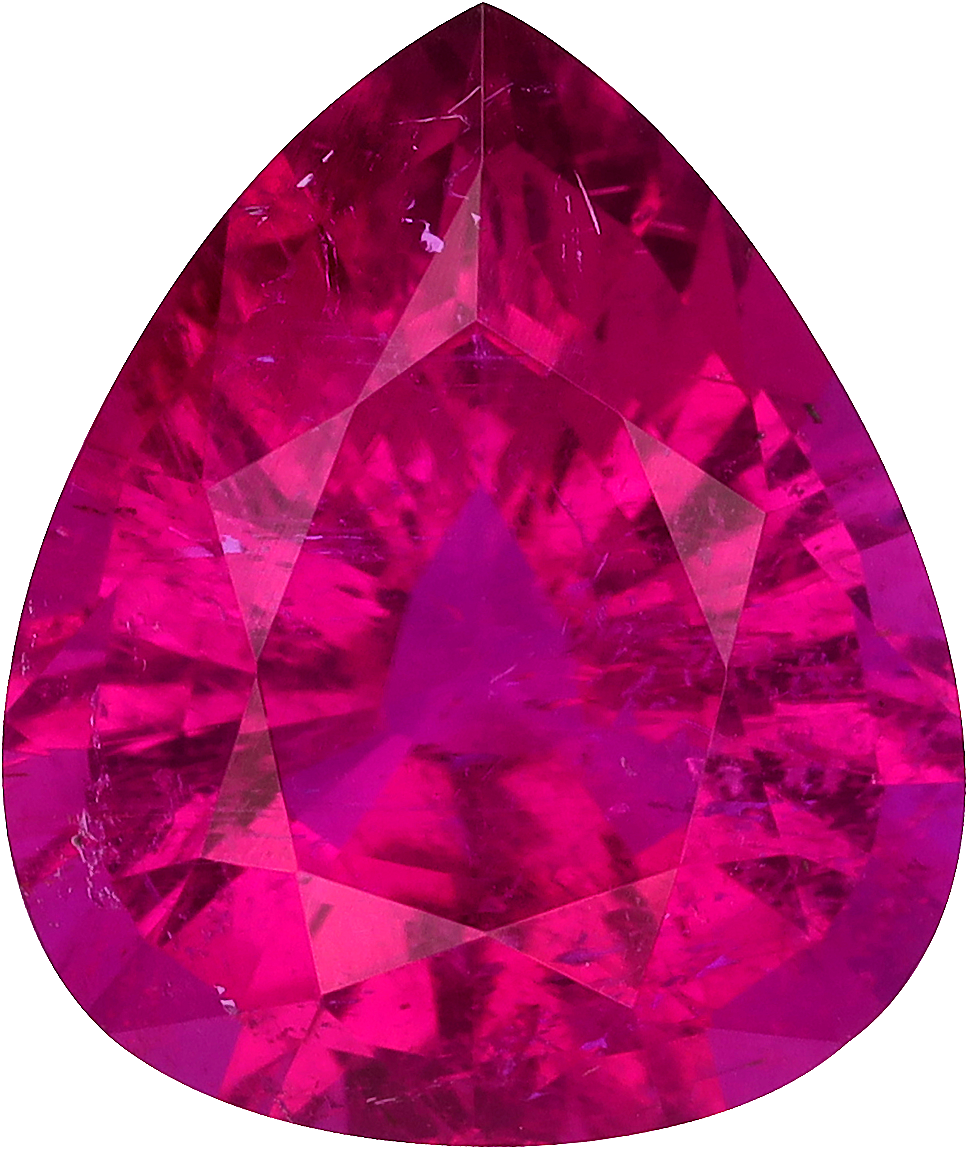 Pear cut rubellite tourmaline, 13.49 by 11.4 mm, shown at actual size