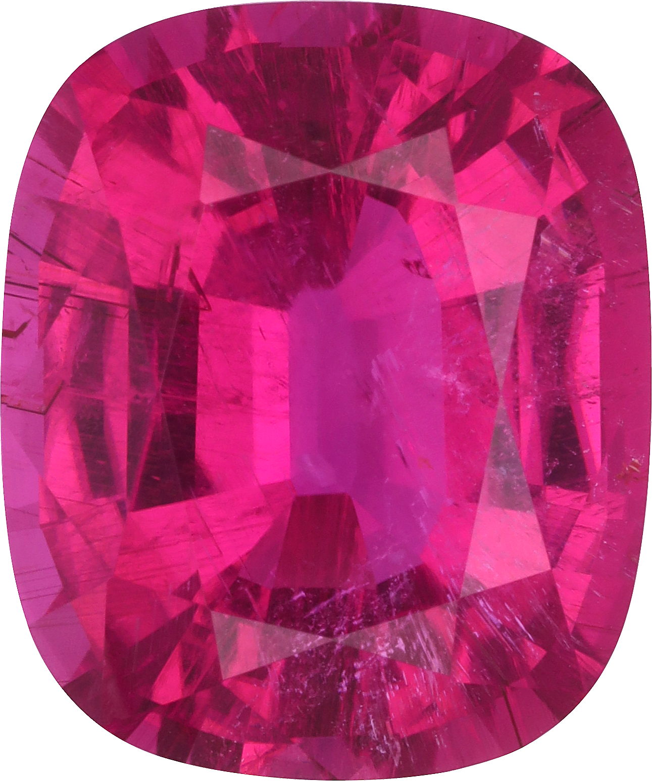 Cushion cut rubellite tourmaline, 15.04 by 12.61 mm, shown at actual size