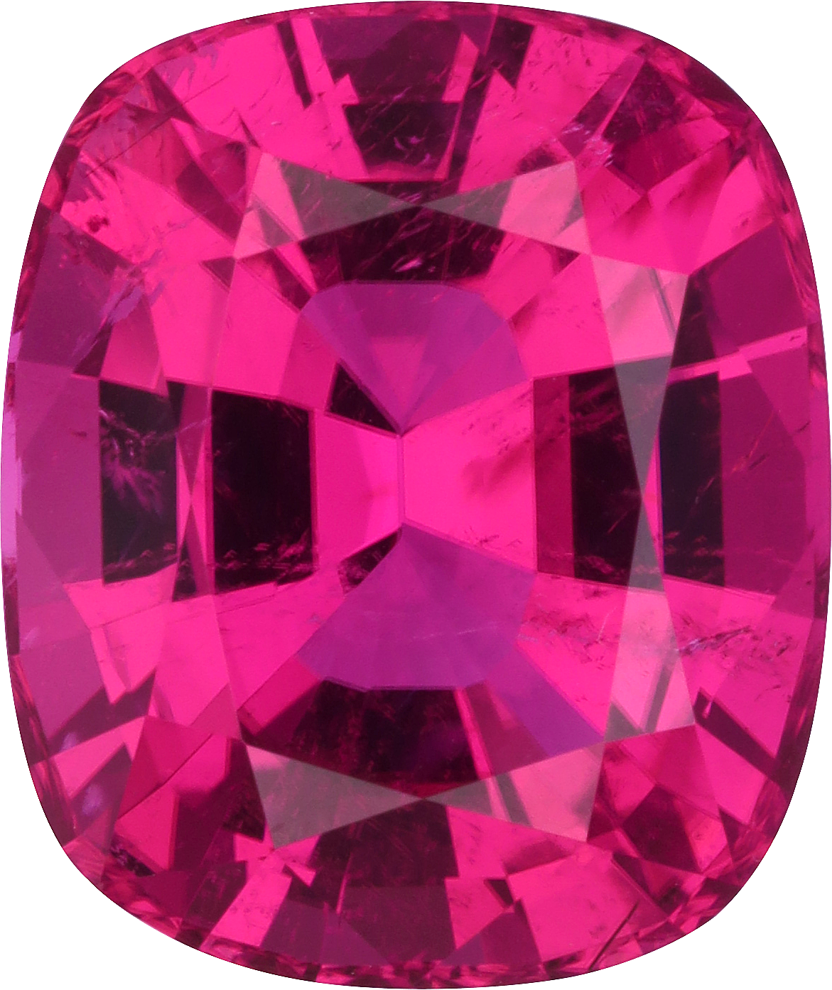 Cushion cut rubellite tourmaline, 13.64 by 11.5 mm, shown at actual size