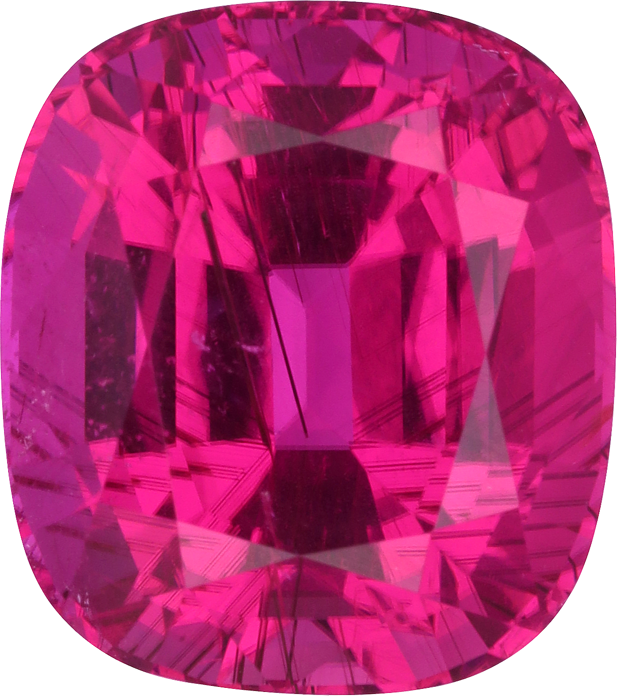 Cushion cut rubellite tourmaline, 13.22 by 11.75 mm, shown at actual size