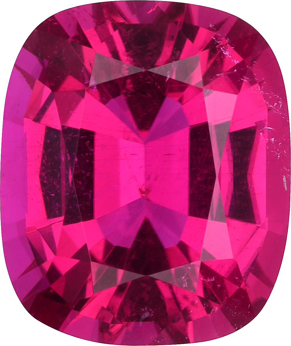 Cushion cut rubellite tourmaline, 11.88 by 10.01 mm, shown at actual size