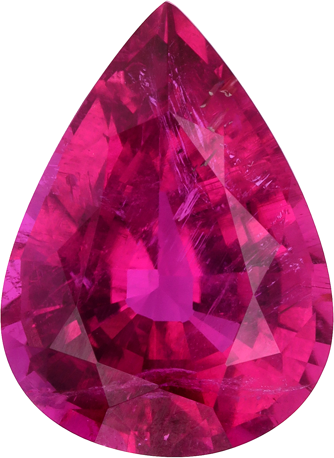 Pear cut rubellite tourmaline, 14.3 by 10.47 mm, shown at actual size