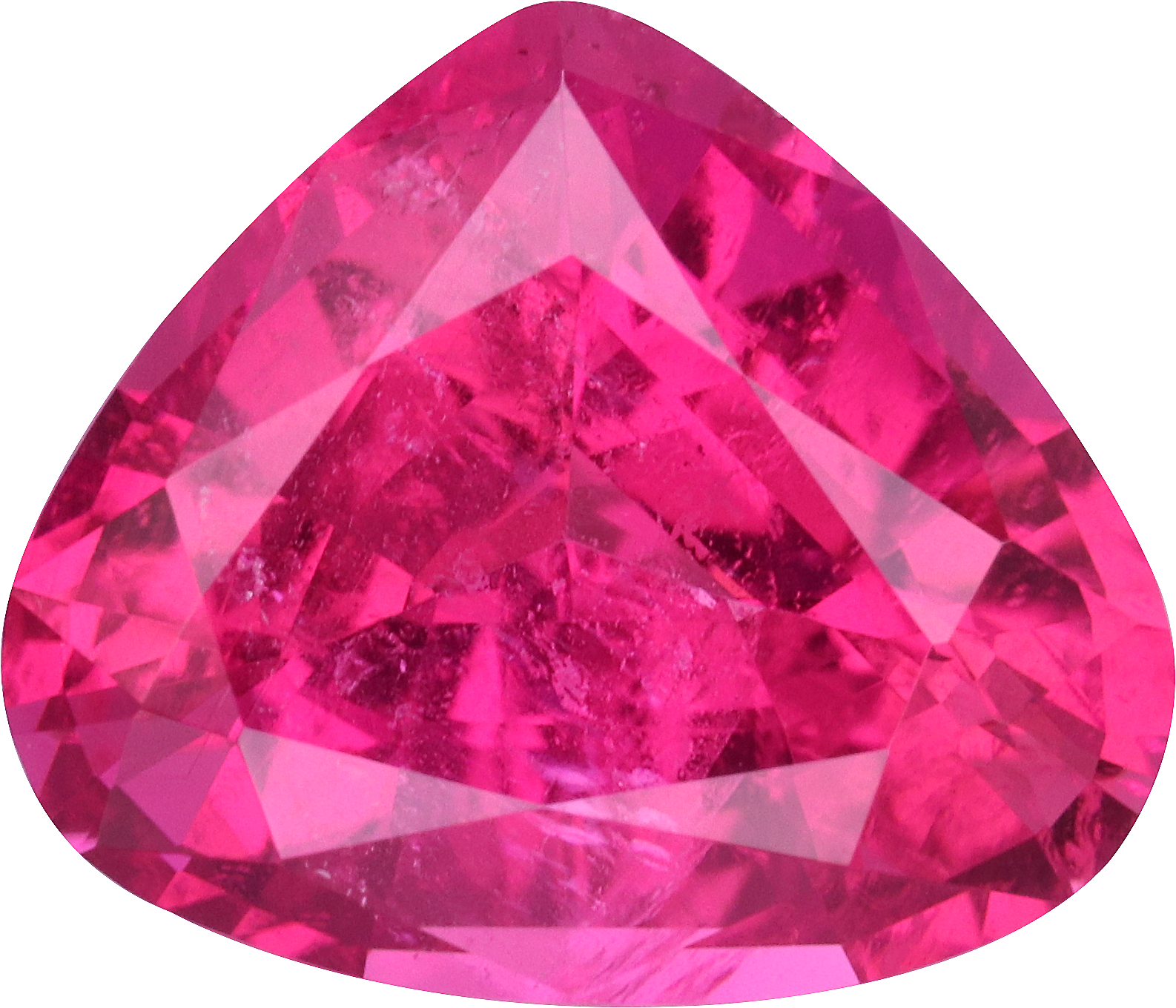 Pear cut rubellite tourmaline, 11.67 by 9.99 mm, shown at actual size
