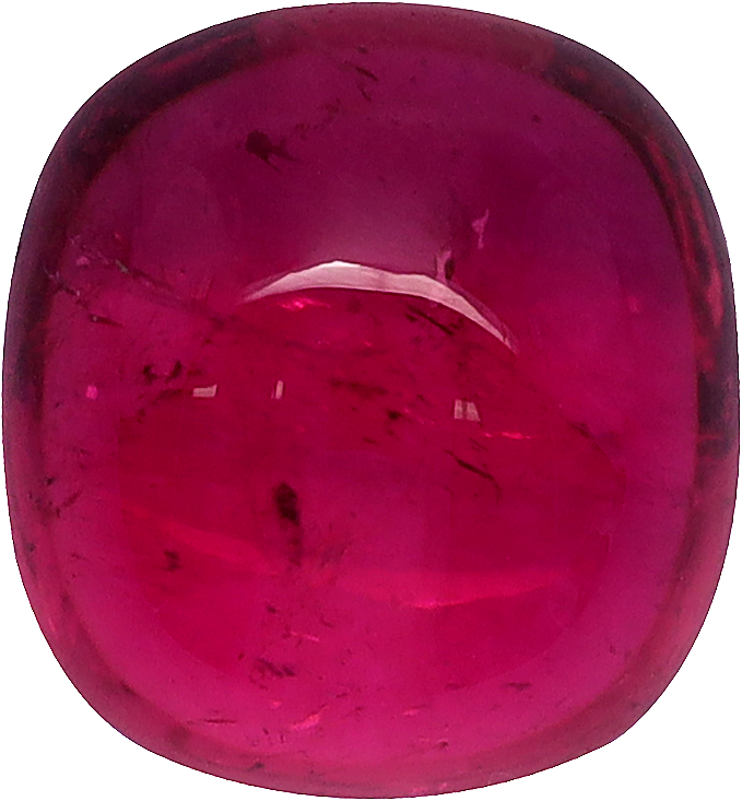 Cushion cut rubellite tourmaline, 10.47 by 9.75 mm, shown at actual size