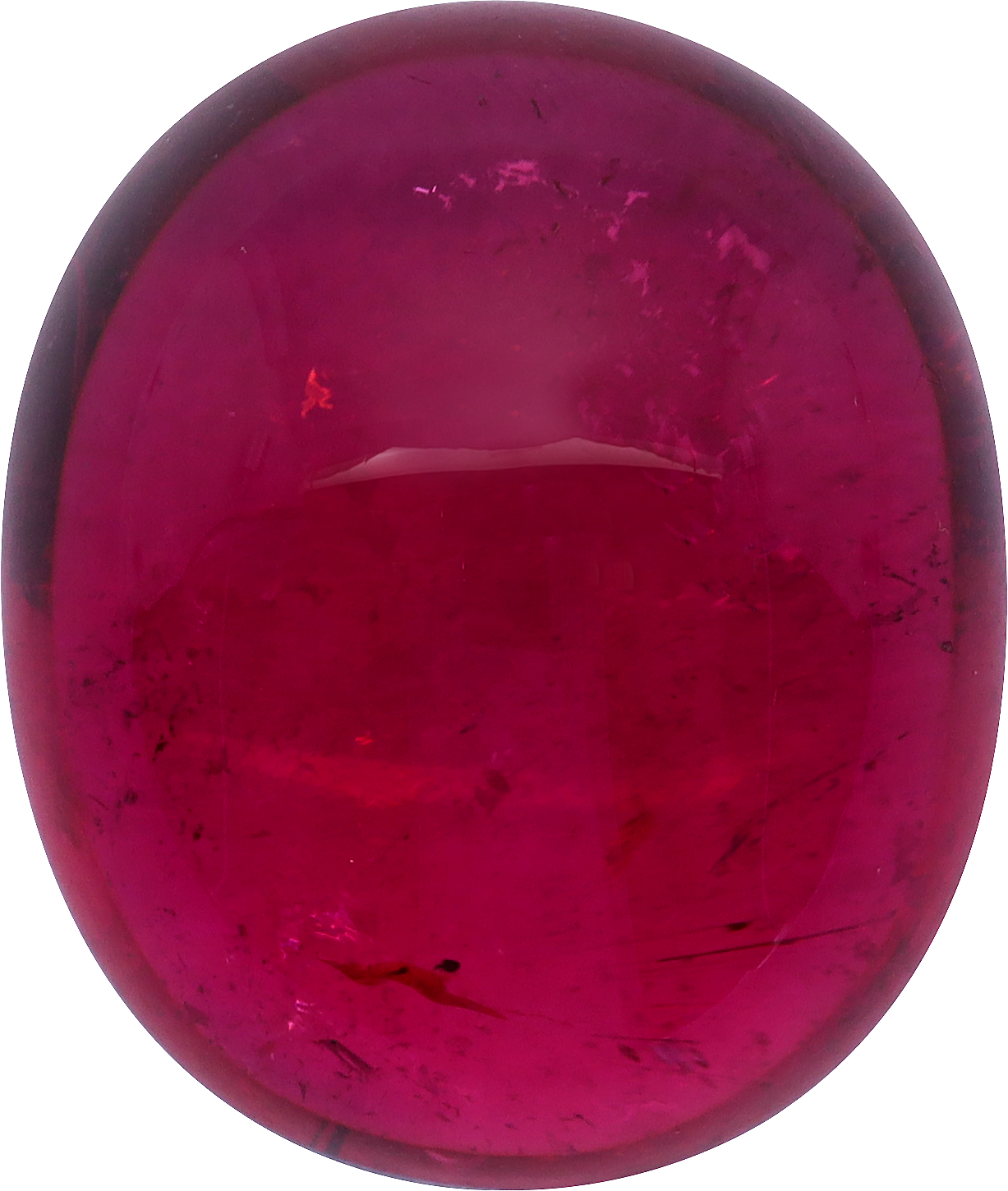 Oval cut rubellite tourmaline, 20.79 by 17.64 mm, shown at actual size