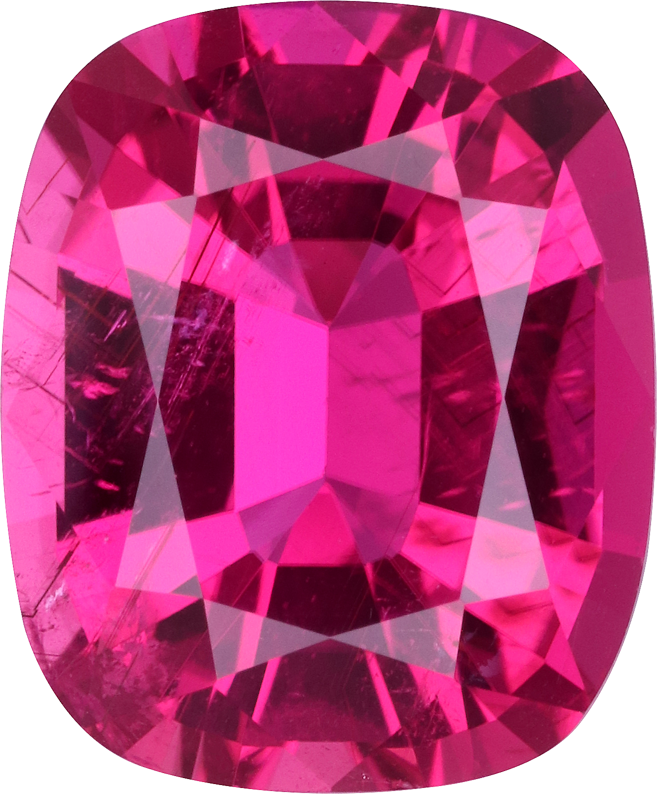 Cushion cut rubellite tourmaline, 11.8 by 9.76 mm, shown at actual size