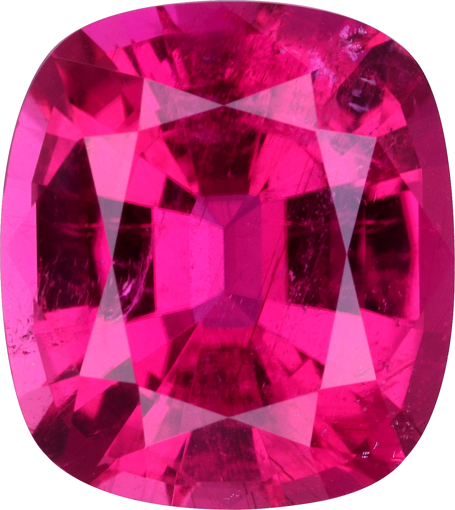 Cushion cut rubellite tourmaline, 11.19 by 9.96 mm, shown at actual size